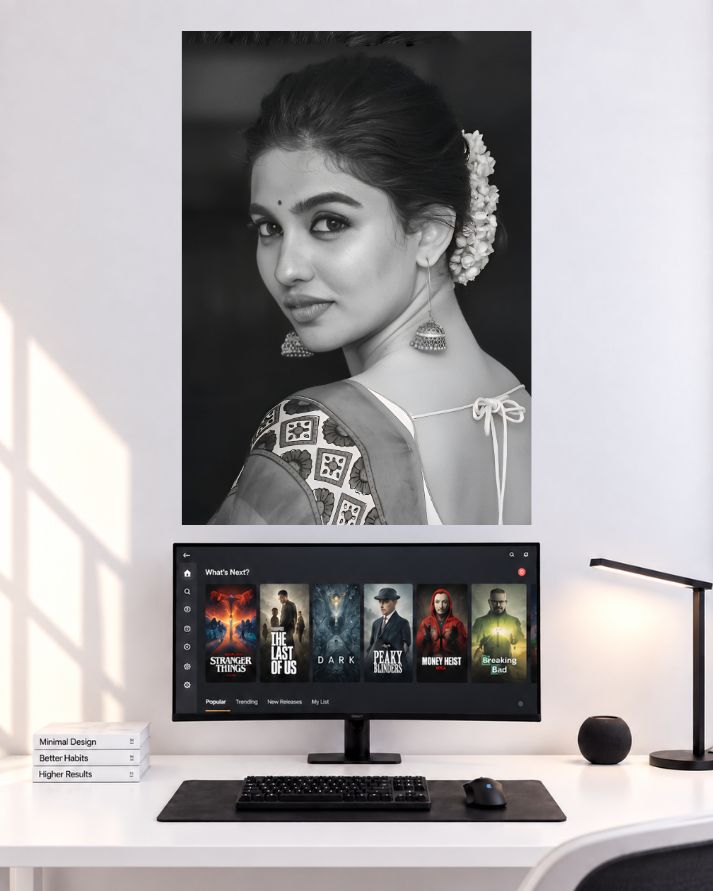 Mamitha Baiju Traditional Look black and white wall poster