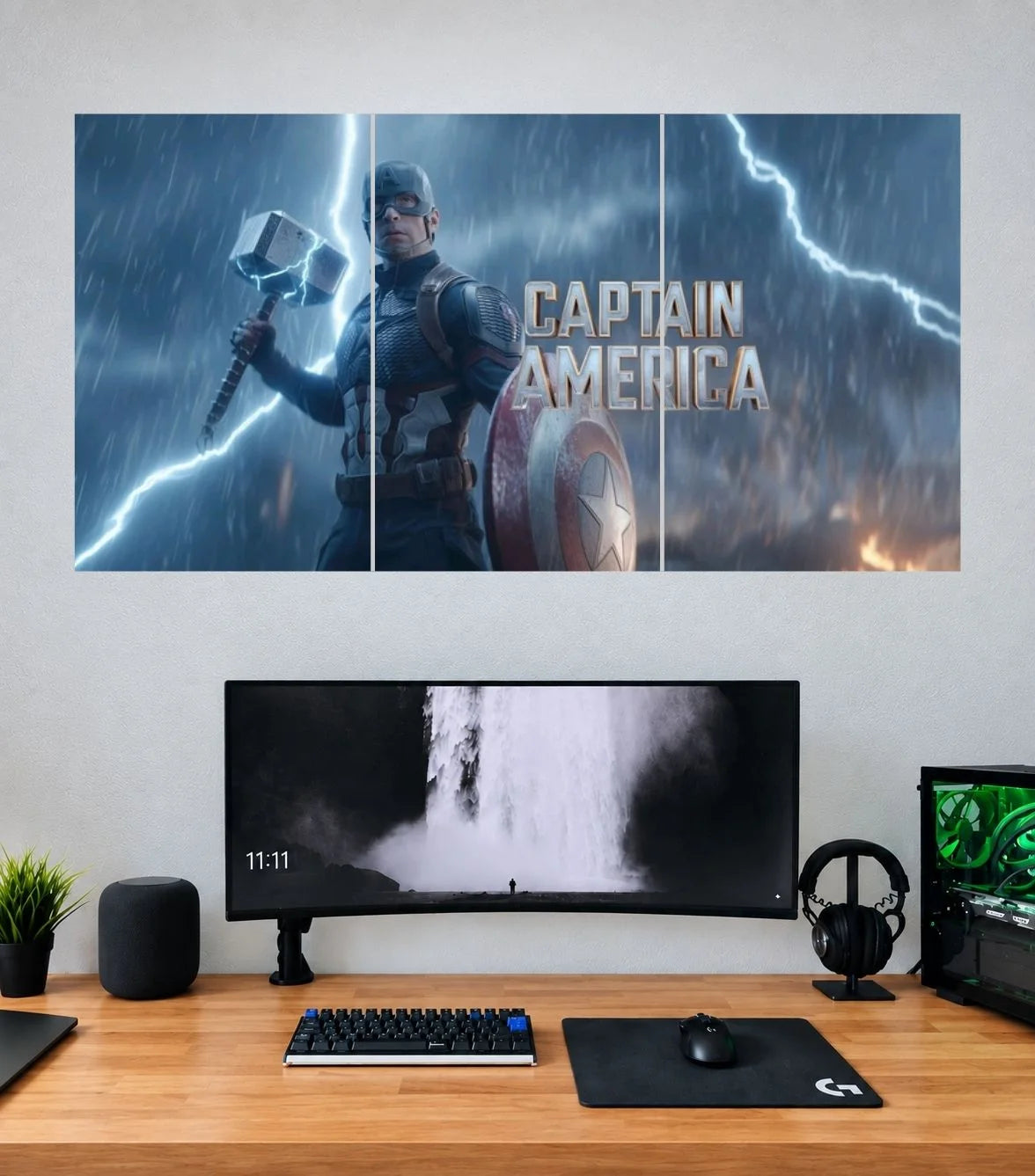 Captain America Mjolnir Thunder Warrior Edition three split panoramic wall poster mockup