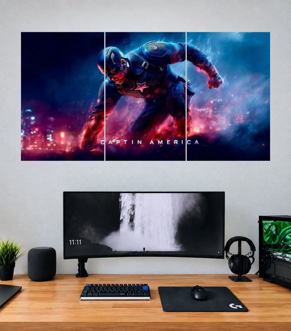 Captain America Neon Night Action Edition three split panoramic wall poster mockup