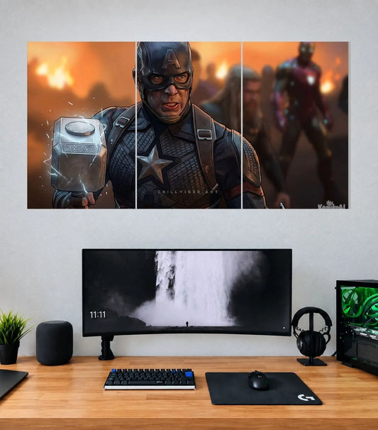 Captain America Endgame Battlefield Edition three split panoramic wall poster mockup