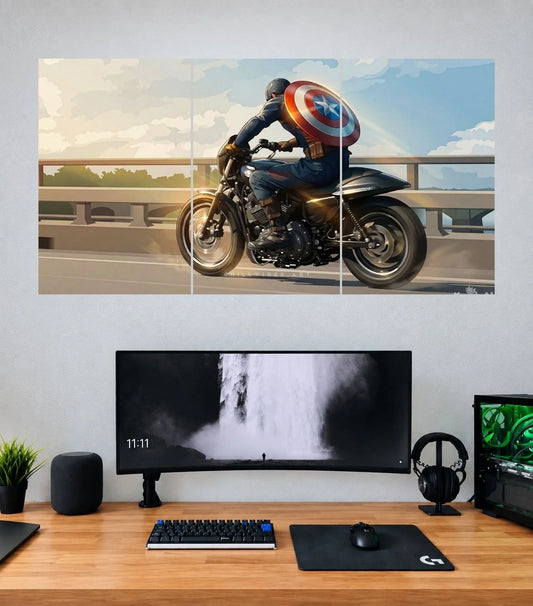 Captain America Motorcycle Highway Rider Edition three split panoramic wall poster mockup