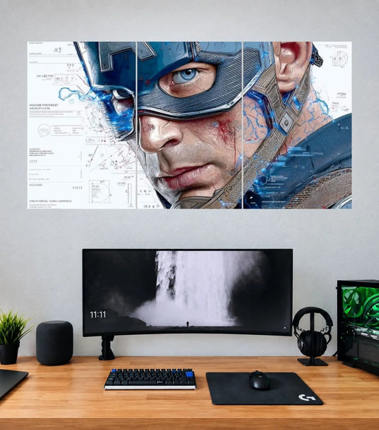 Captain America Comic Sketch Portrait Edition three split panoramic wall poster mockup