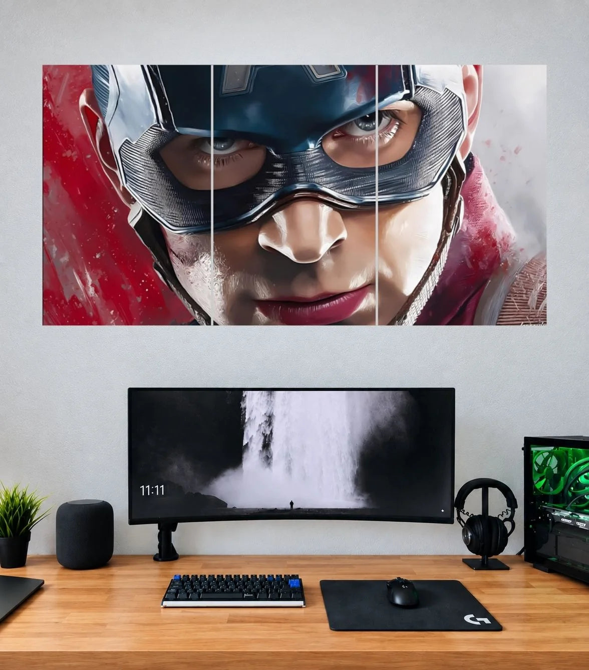 Captain America Red Blue Intense Portrait Edition three split panoramic wall poster mockup
