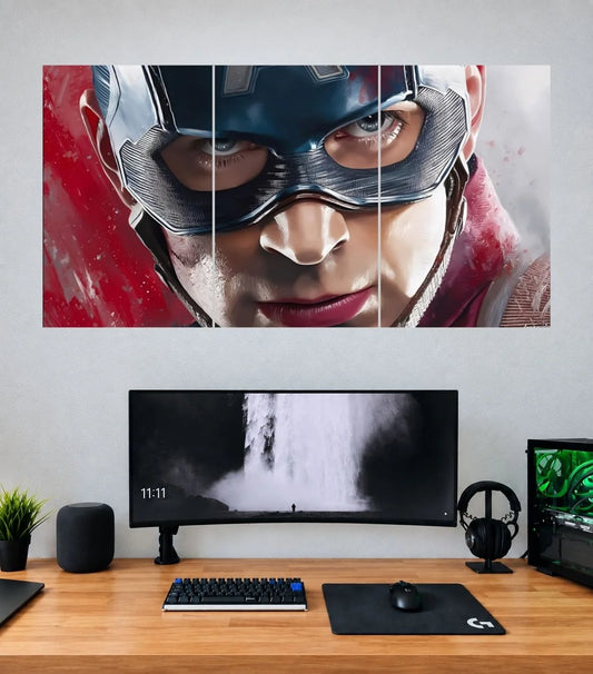 Captain America Red Blue Intense Portrait Edition three split panoramic wall poster mockup