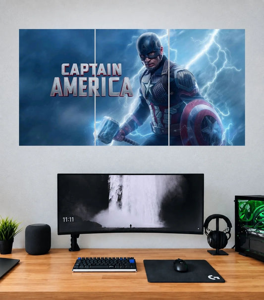 Captain America Thunderstorm Shield Edition three split panoramic wall poster mockup