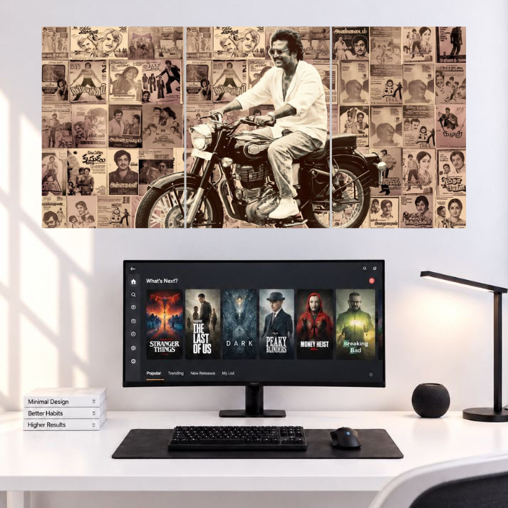 Rajinikanth Retro Motorcycle Movies 3 Split wall poster mockup