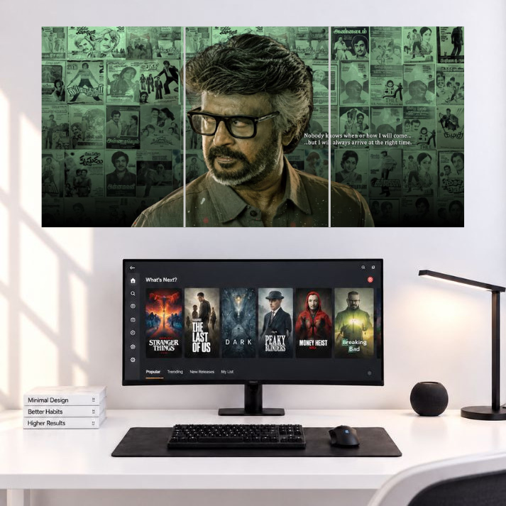 Rajinikanth Vintage Cinema Portrait Movies 3 Split wall poster mockup