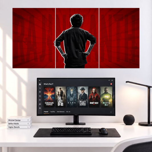 Rajinikanth Superstar Red Silhouette Movies 3 Split wall poster mockup