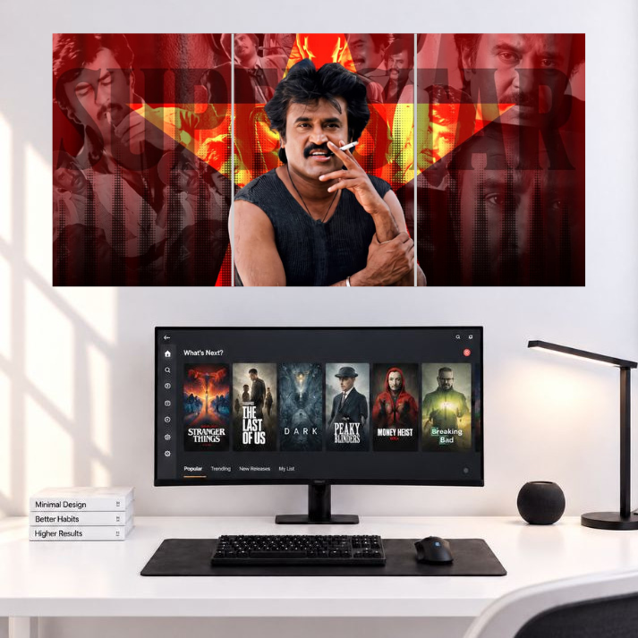 Rajinikanth Classic Smoking Portrait Movies 3 Split wall poster mockup