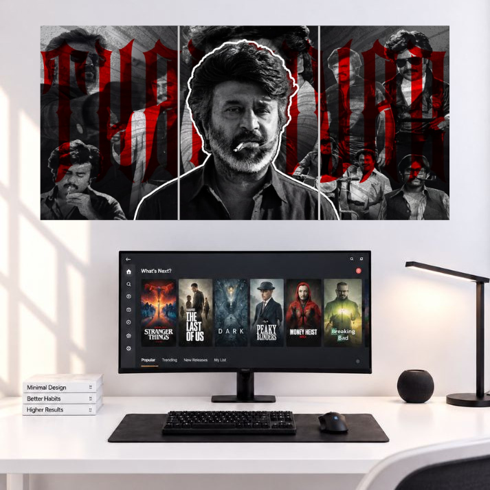 Rajinikanth Black Red Cinematic Collage Movies 3 Split wall poster mockup