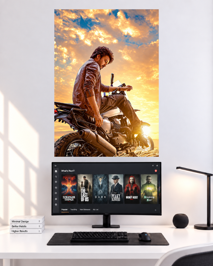 Thalapathy Vijay Sunset Motorcycle original poster mockup