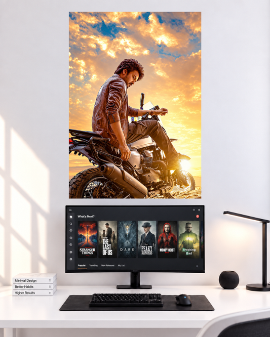 Thalapathy Vijay Sunset Motorcycle original poster mockup
