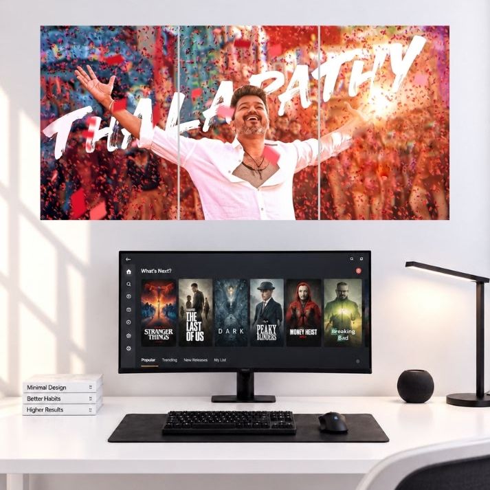 Thalapathy Vijay Celebration Confetti Edition movie 3 split wall poster mockup displaying three side-by-side poster panels
