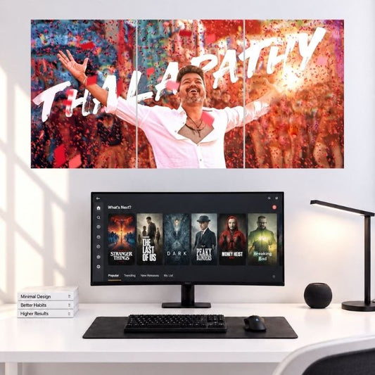 Thalapathy Vijay Celebration Confetti Edition movie 3 split wall poster mockup displaying three side-by-side poster panels