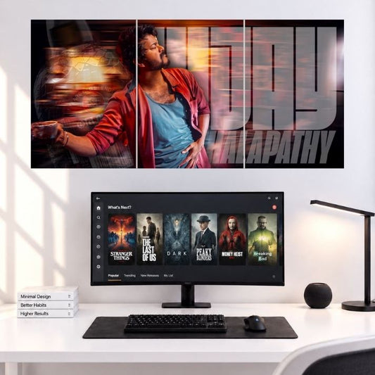 Thalapathy Vijay Red Jacket Cinematic Motion Edition movie 3 split wall poster mockup displaying three side-by-side poster panels