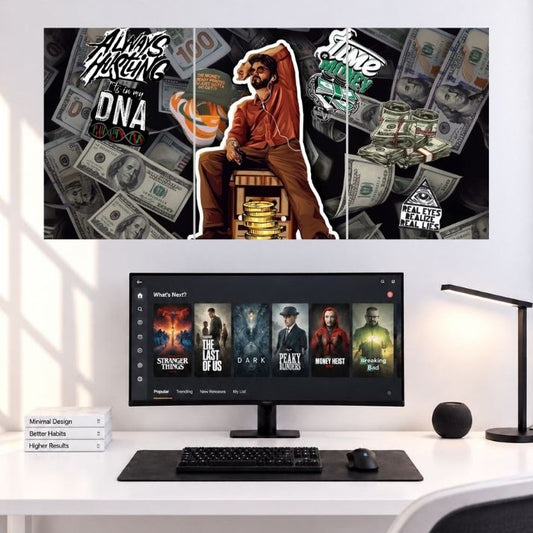 Tamil Cinema Always Hustling Money DNA Edition movie 3 split wall poster mockup displaying three side-by-side poster panels