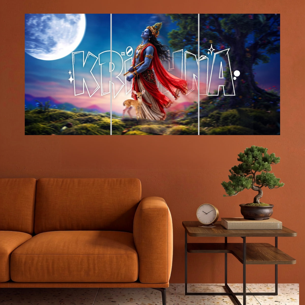 Lord Krishna Moonlight Flute Forest spiritual 3-split wall poster mockup showing three continuous panels