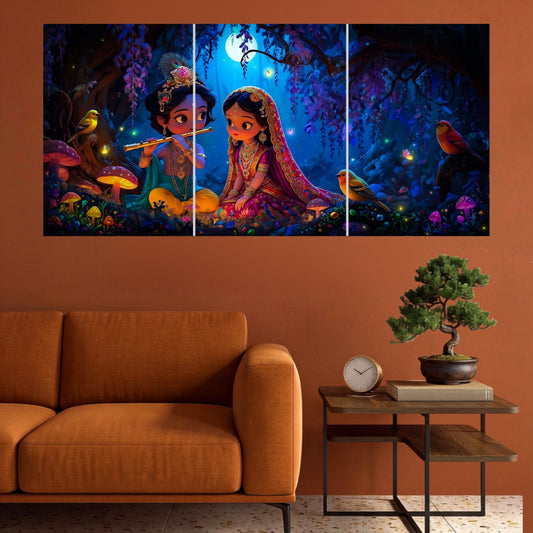 Radha Krishna Enchanted Forest Divine Love spiritual 3-split wall poster mockup showing three continuous panels