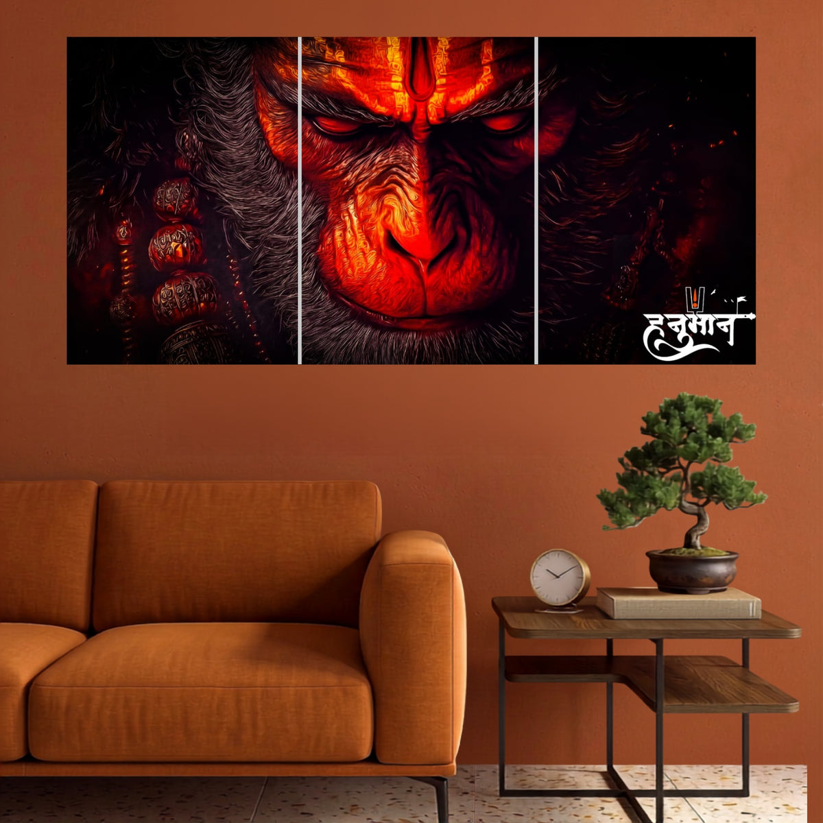 Lord Hanuman Fierce Saffron Devotion spiritual 3-split wall poster mockup showing three continuous panels
