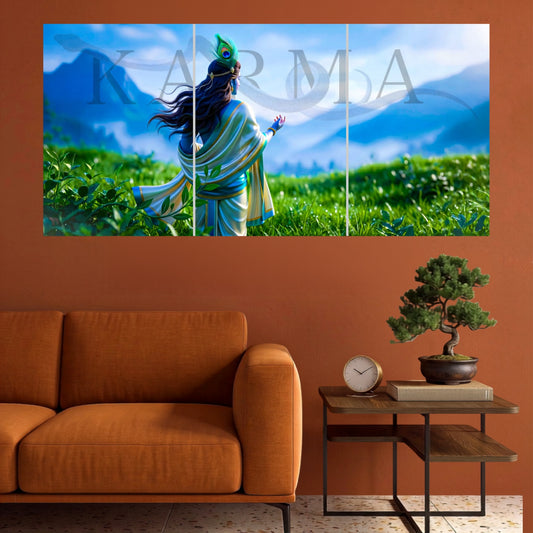 Lord Krishna Karma Blue Mountain Meadow spiritual 3-split wall poster mockup showing three continuous panels