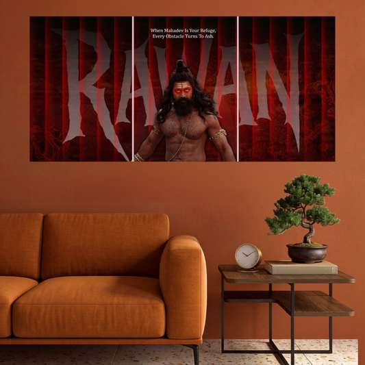 Ramayan Crimson Warrior spiritual 3 split wall poster mockup