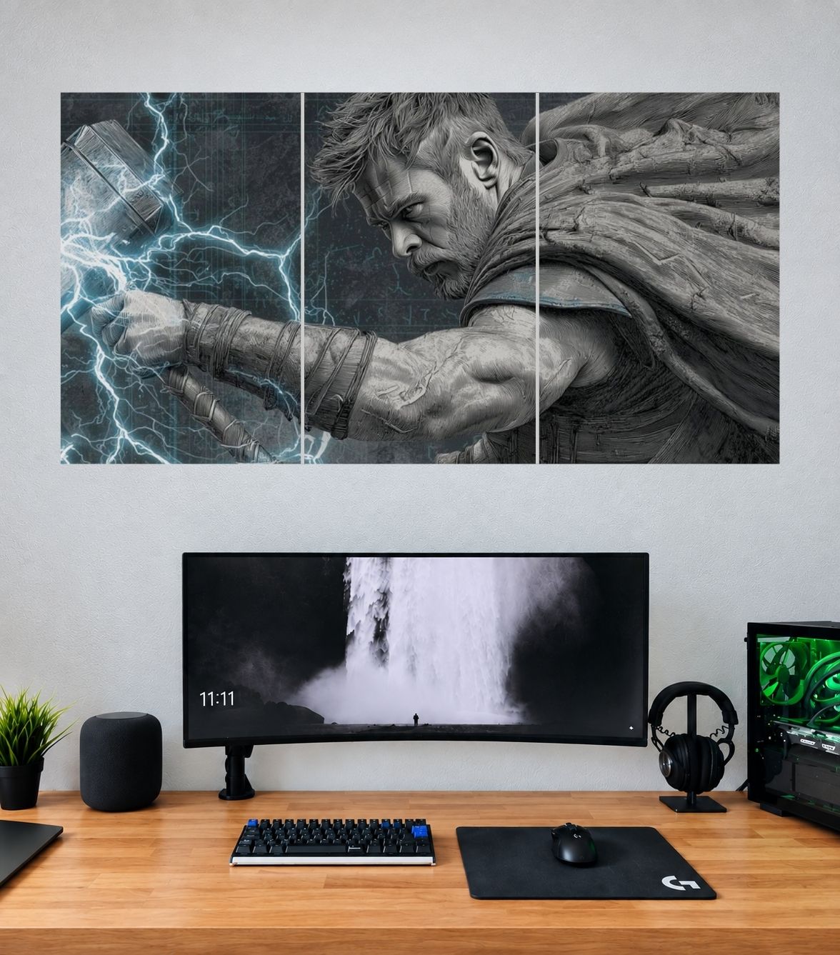 Thor Black White Hammer Strike Edition Thor 3 split panoramic wall poster mockup