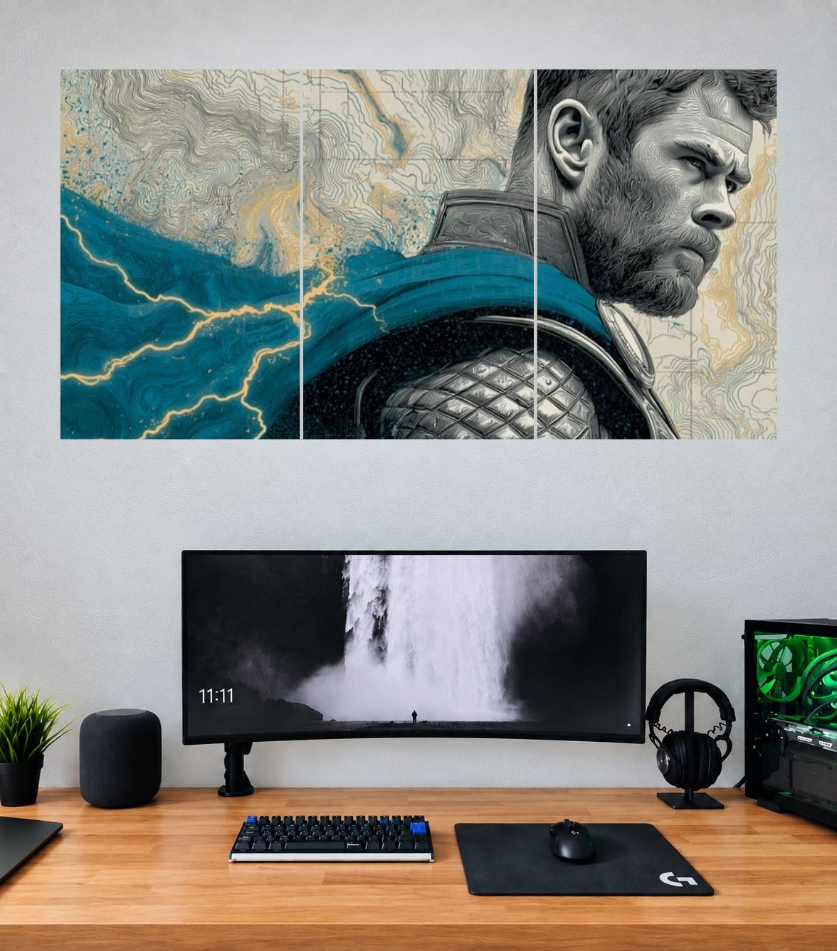 Thor Teal Gold Lightning Profile Edition Thor 3 split panoramic wall poster mockup