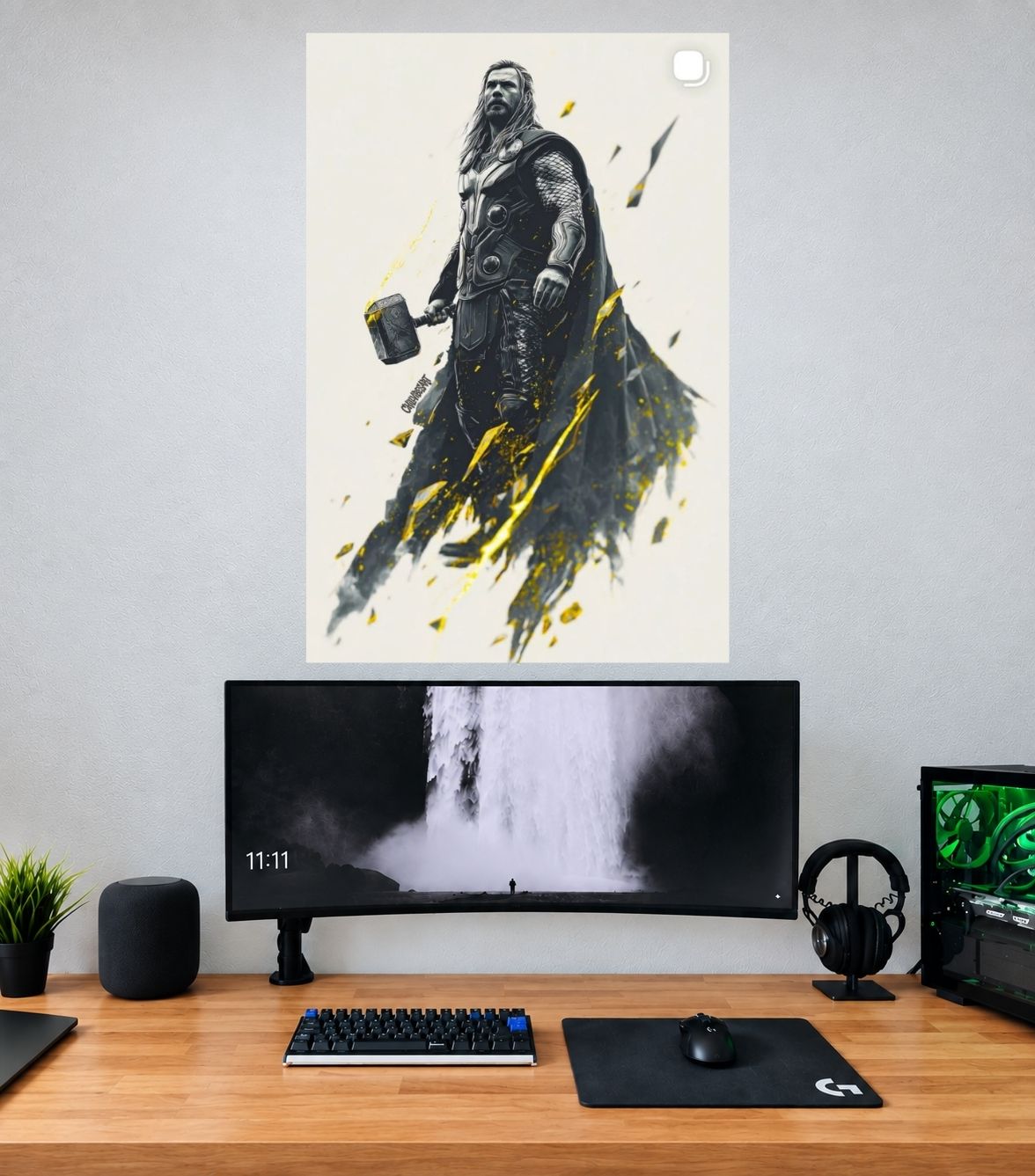 Thor Golden Sketch Mjolnir Warrior Edition single wall poster mockup