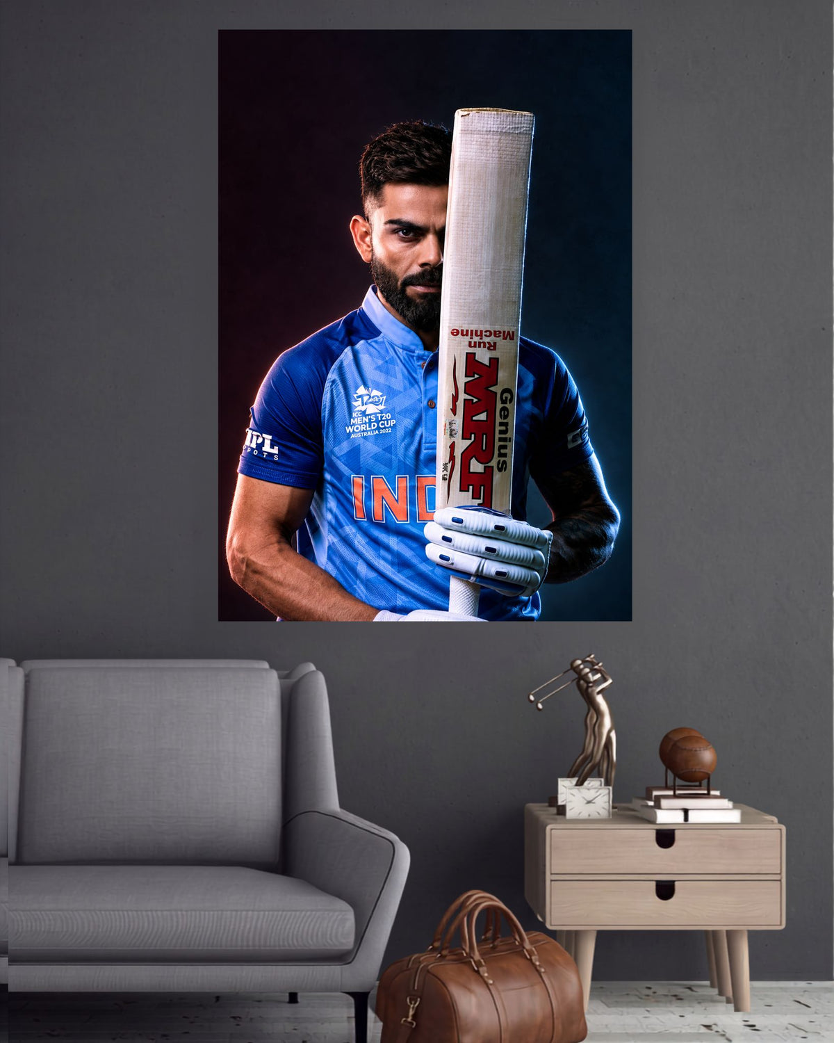 Virat Kohli Run Machine cricket wall poster with blue India jersey and upright bat